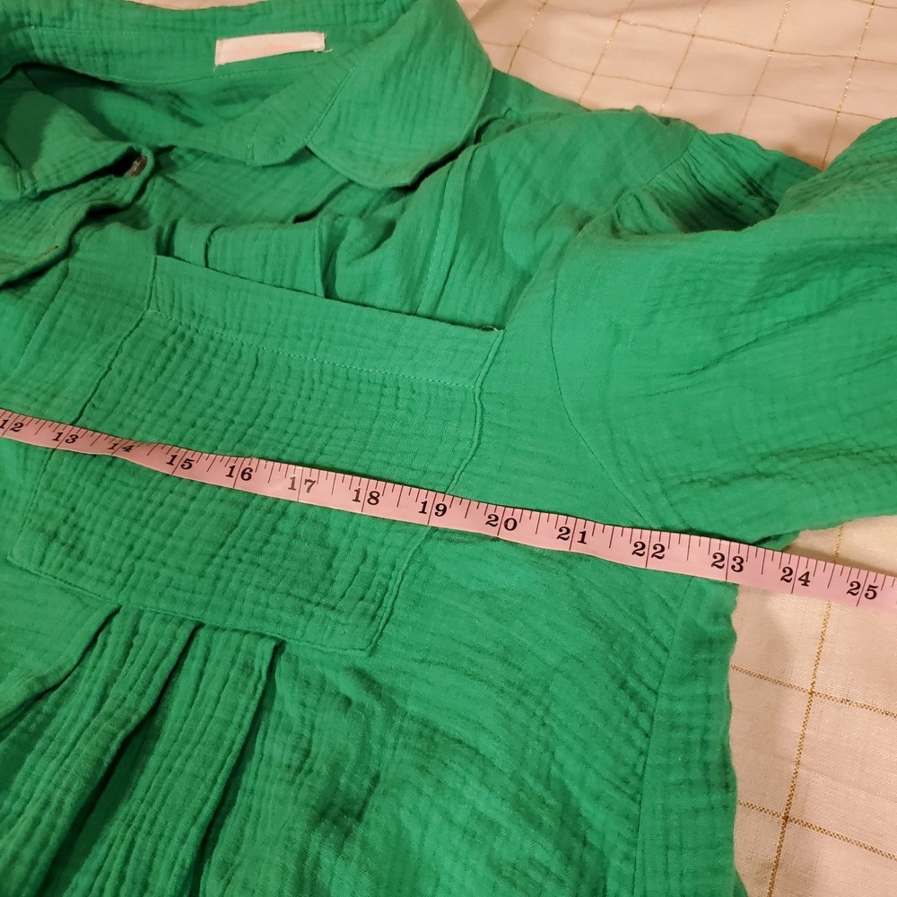 Ces Femme Waffle Shirt Dress Green Short Puff Sleeves 1XL Button Down A Line - Picture 2 of 5